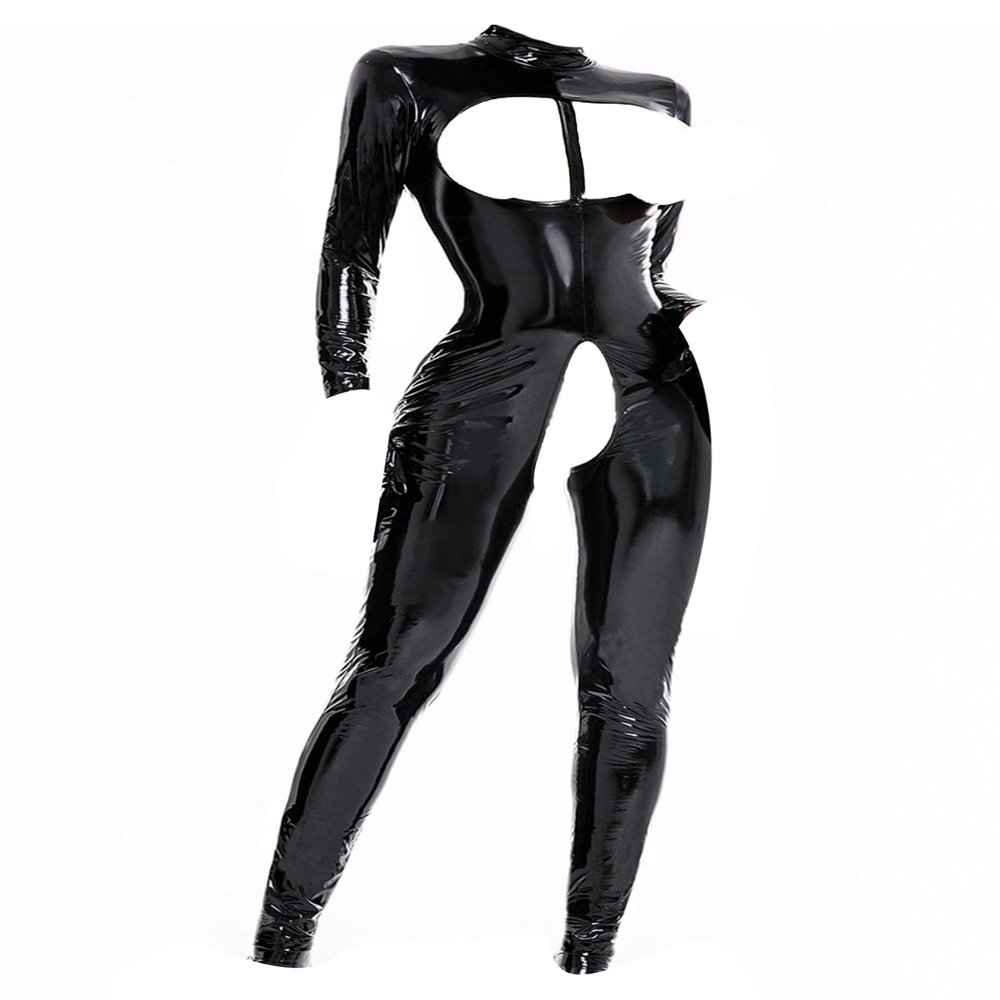 Aislor Women Sexy Wetlook Latex Catsuit with Mask PVC Faux Leather Jumpsuit Halloween Costume Clubwear Black M