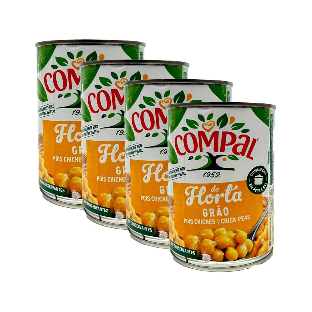 Compal Chick Peas in Tin 410G Grao De Bico Lata Boiled Chick Peas Tin Product Ready to Eat Product of Portugal Pack of 4