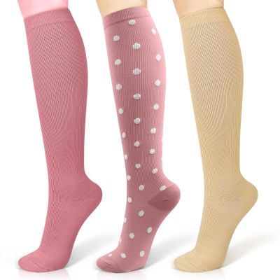 3 Pairs Compression Socks 15-20 mmhg for Men & Women, Support Socks Compression Stockings for Running, Swelling, Nurse, Flight, Nurses,Edema (Brick Red+Pink Polka Dots+Beige, S/M)