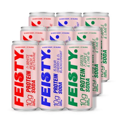 Feisty Drinks Protein Soda Mixed Flavour Pack 9x330ml, 10g Plant-Based Protein, Healthy Soda, Healthy Fizzy Drinks, No Added Sugar, Sparkling Drinks