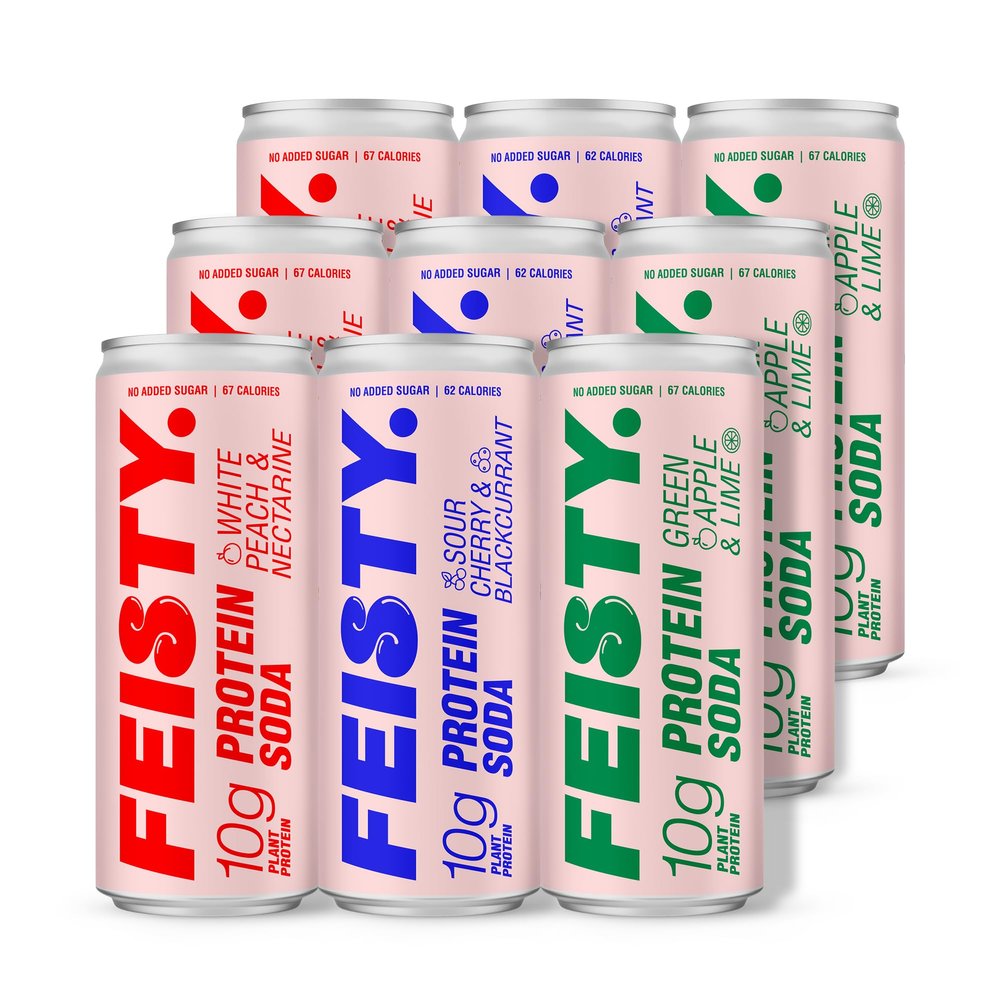 Feisty Drinks Protein Soda Mixed Flavour Pack 9x330ml, 10g Plant-Based Protein, Healthy Soda, Healthy Fizzy Drinks, No Added Sugar, Sparkling Drinks