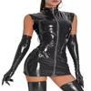 Womens Faux Leather Mini Dress Sexy Wet Look Bodycon Club Front Full Zip Up Sleeveless Lingerie One Piece Bodysuit Latex Shiny Metallic Outfits Slim Fit Costume Cosplay Catsuit Nightwear (Black, XL) view 3