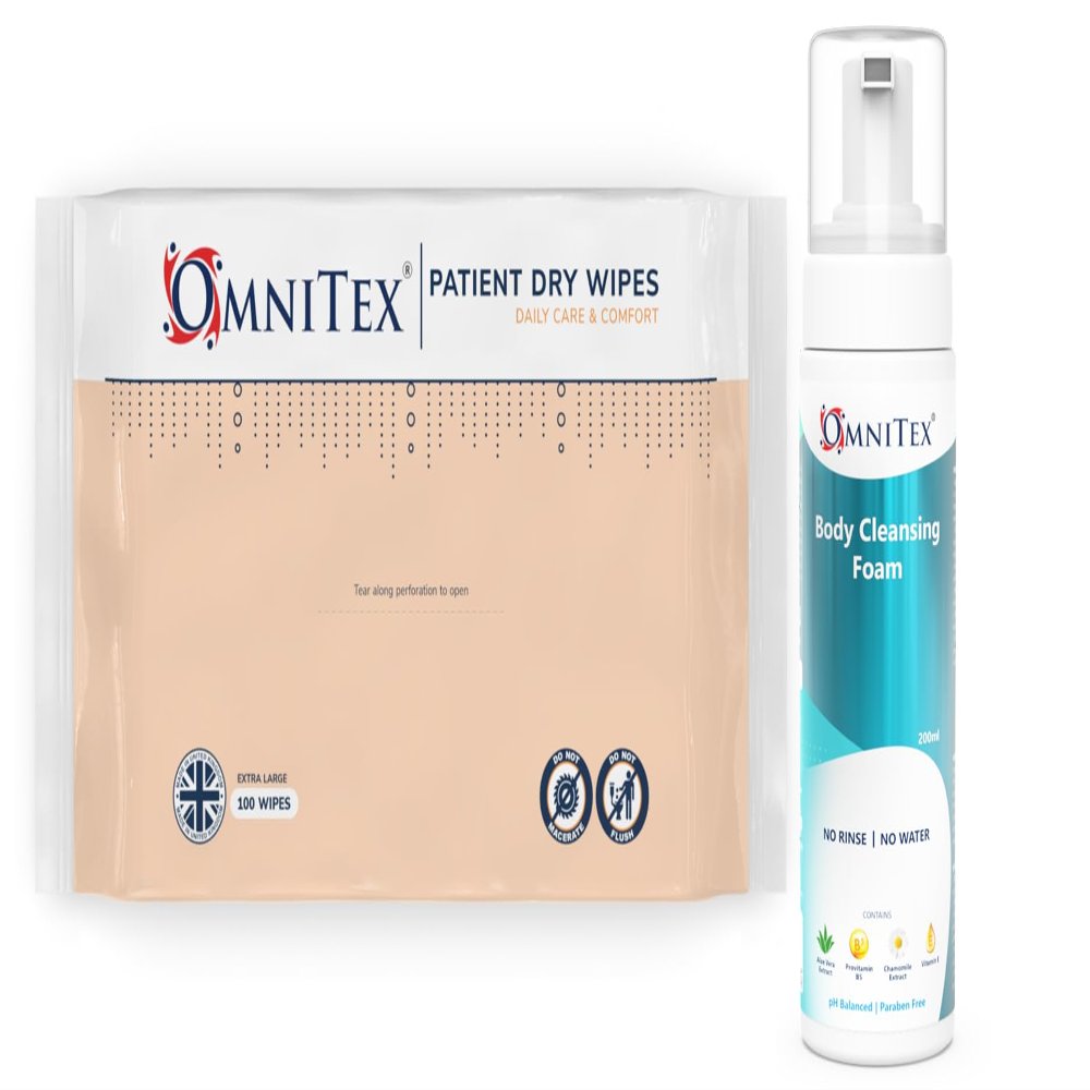 100x Omnitex Patient Cleansing Dry Wipes + 200ml Rinse Free Body Cleansing Foam | XL Soft Durable High Absorbency Dry Wipes | No Rinse Body Wash with Herbal Oils & Vitamins | No Water required