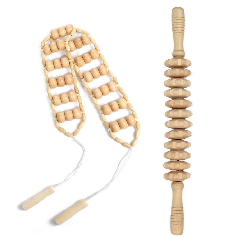 2Pcs Wooden Massage Tools Set Back Massager Roller Rope & Stick For Full Body Relaxation