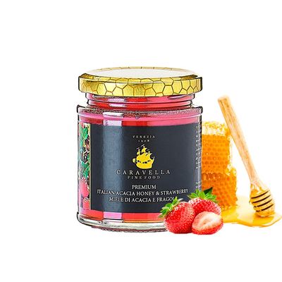 Acacia & Strawberry Fruit Honey 250 gr Caravella Fine Food | Italian Smooth Silky Light-bodied Fruity Aroma | Fluid Runny Juicy taste | Ideal for Breakfast Desserts Cheese pairings Teas & Cocktails
