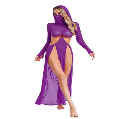 JEATHA Womens Sexy Sheer Mesh High Slit Lingerie Dress Hooded Mask Hollow Out Flowy Dress Nightwear Purple S