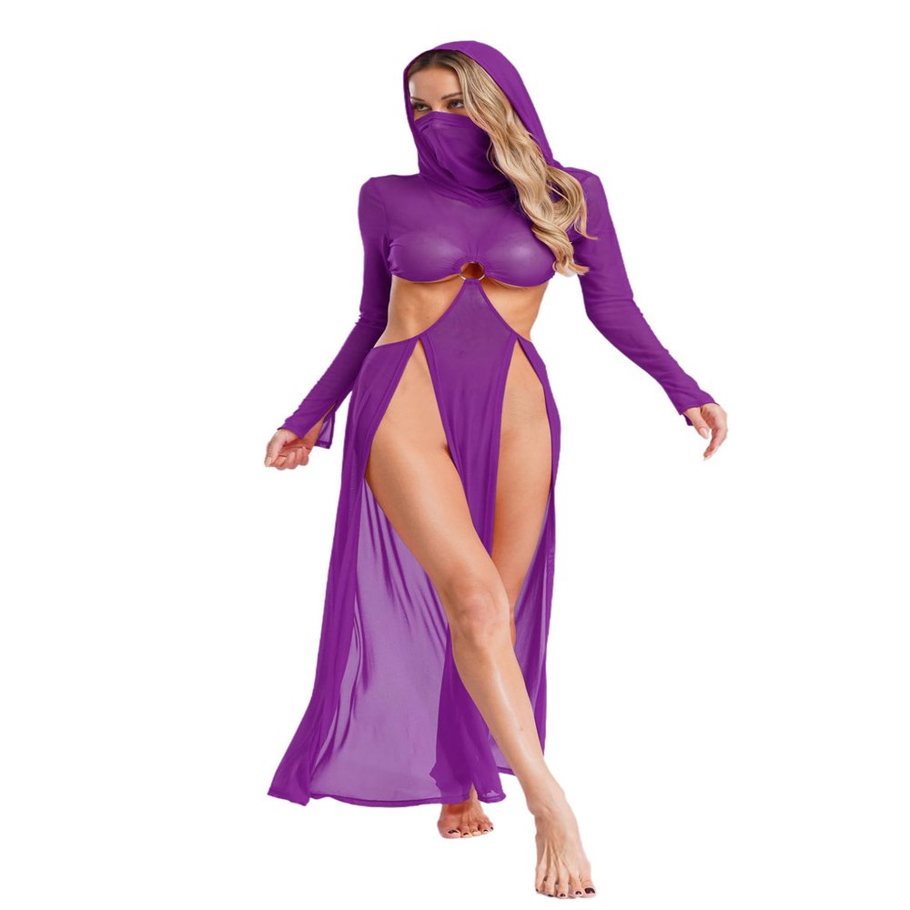 JEATHA Womens Sexy Sheer Mesh High Slit Lingerie Dress Hooded Mask Hollow Out Flowy Dress Nightwear Purple S