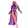 JEATHA Womens Sexy Sheer Mesh High Slit Lingerie Dress Hooded Mask Hollow Out Flowy Dress Nightwear Purple S view 1
