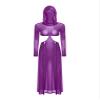 JEATHA Womens Sexy Sheer Mesh High Slit Lingerie Dress Hooded Mask Hollow Out Flowy Dress Nightwear Purple S view 3