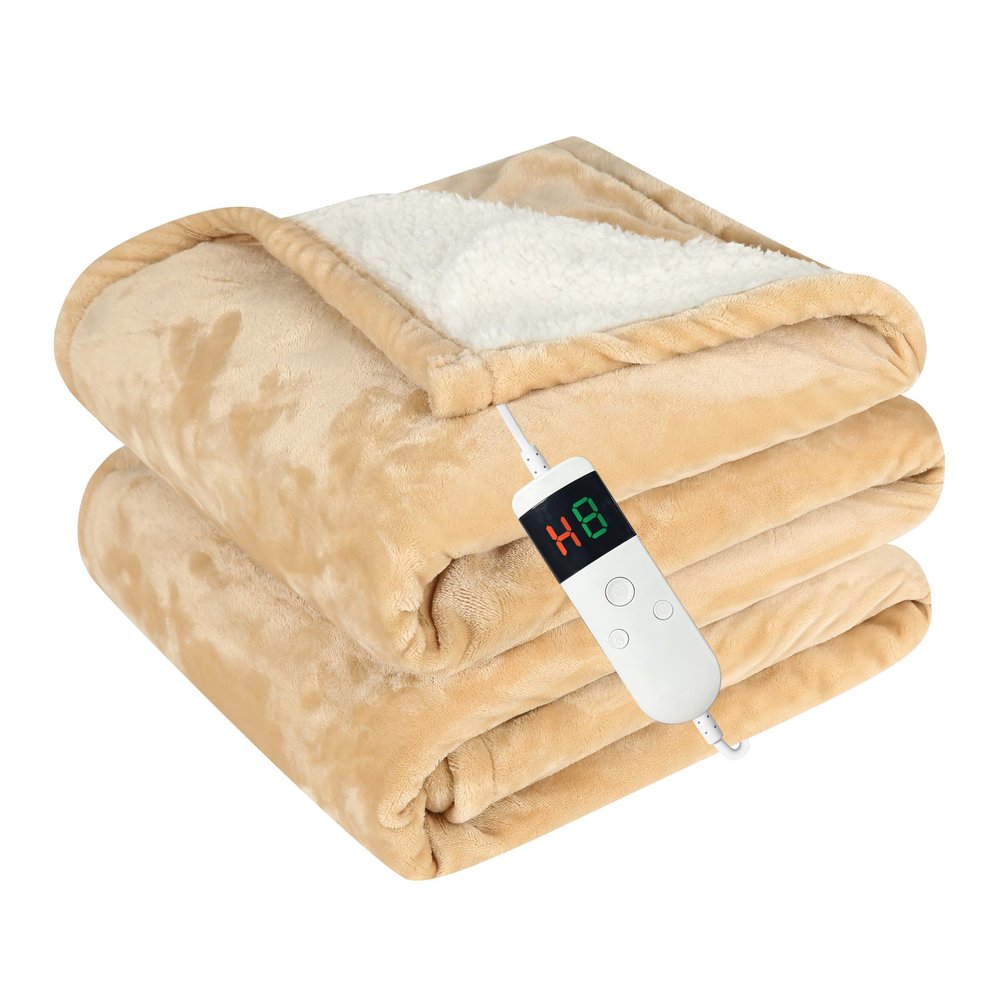 Cushious Heated Electric Blanket Throw 130x160cm, 10 Settings Heating,1-8h Timer Auto-Off, Overheat Protection, Machine Washable, Flannel and Sherpa Heated Blanket for Sofa Bed, Office