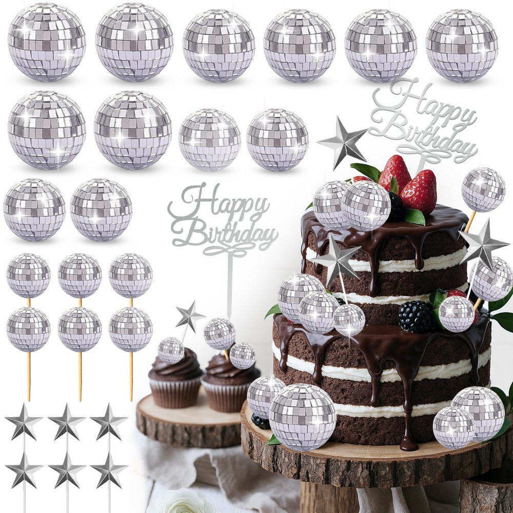 63 Pcs Disco Ball Cake Toppers kit,Mini Disco Balls,70s Themed Dance Party Supplies, 1970s Disco Ball Cake Picks Disco,For Happy Birthday Cake Toppers Christmas Party Ornament.