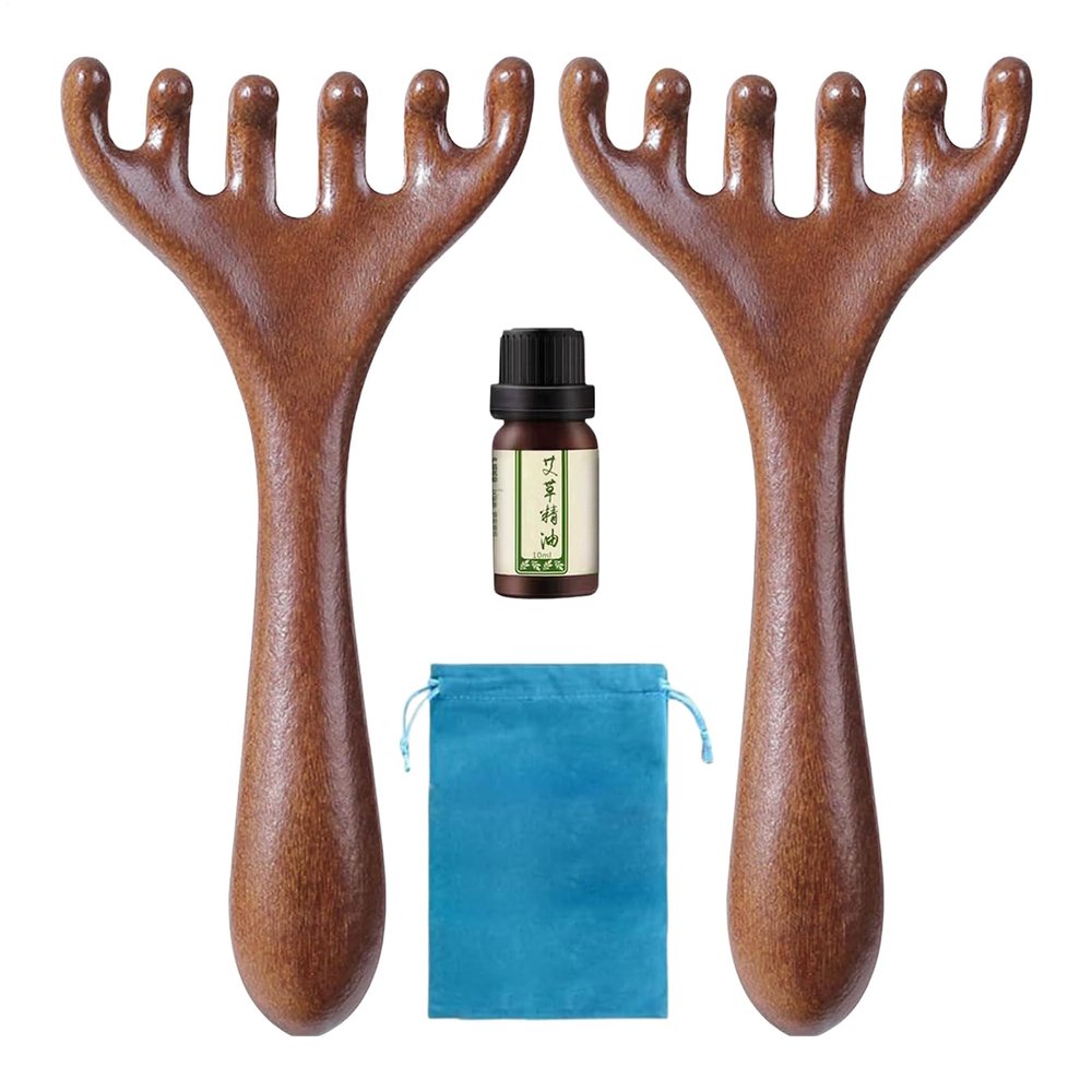 2PCS Six-Claw Meridian Massage Comb, Wooden Massage Comb, Ergonomic Portable Head Brush, Wooden Guas Sha Tool, for Body, Face, Neck