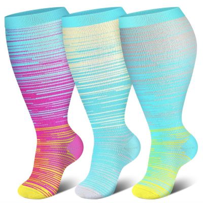 3 Pairs Plus Size Compression Socks For Women, Wide Calf Knee High Support Socks Running (4XL,3PCS-8)