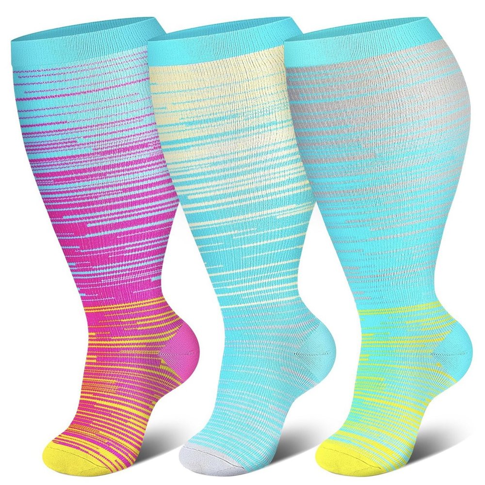 3 Pairs Plus Size Compression Socks For Women, Wide Calf Knee High Support Socks Running (4XL,3PCS-8)