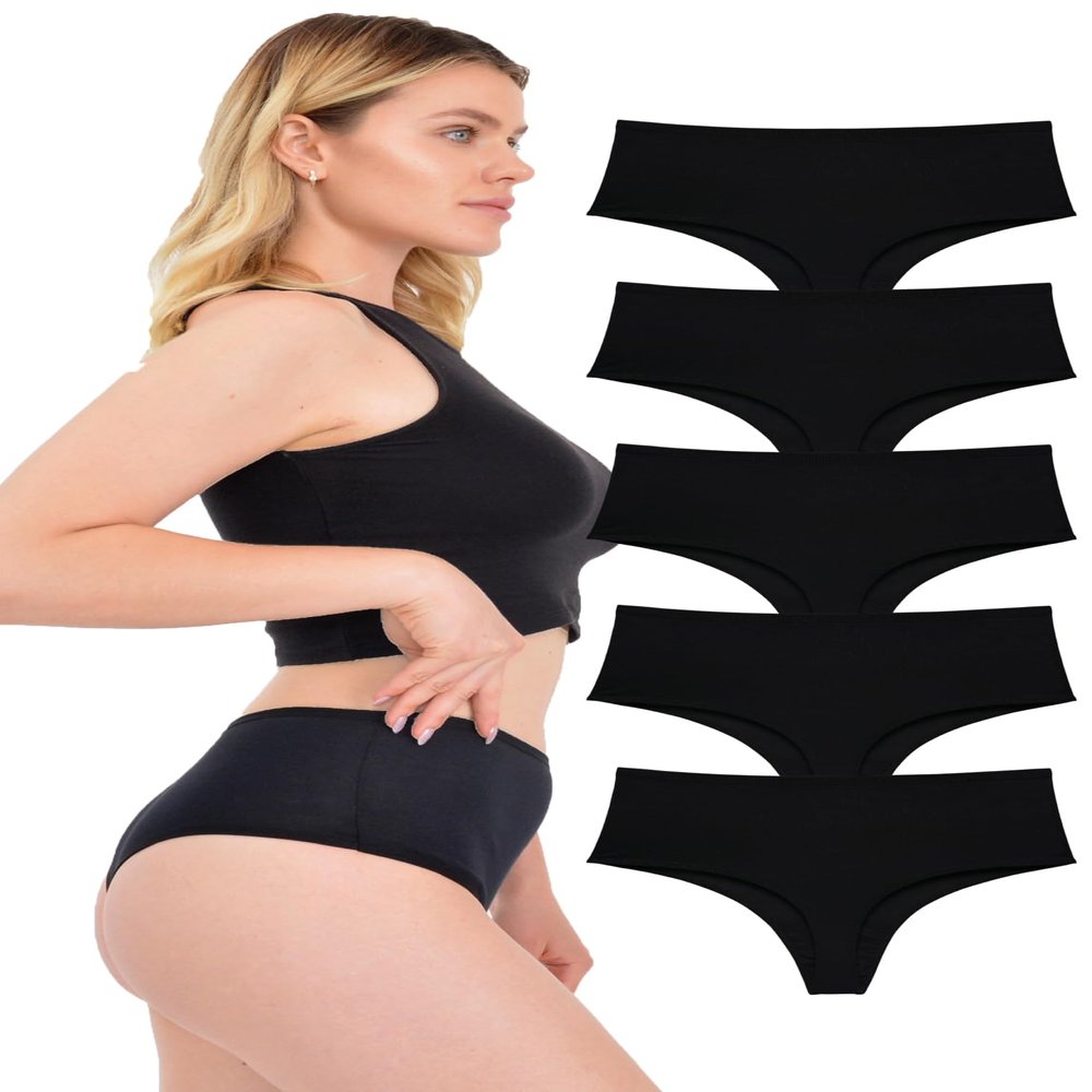 LadyMelex Women's High-Waisted Thong, 5-Pack, Cotton Thong, Black, M