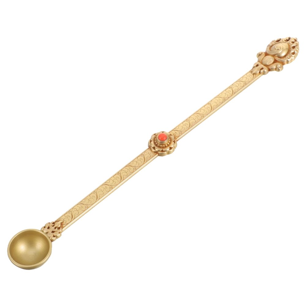 Warmhm Intricately Carved Brass Ghee Spoon for Pouring Ghee with Ethnic Tibetan Design Antique Style Ritual Spoon in Ceremonial Use