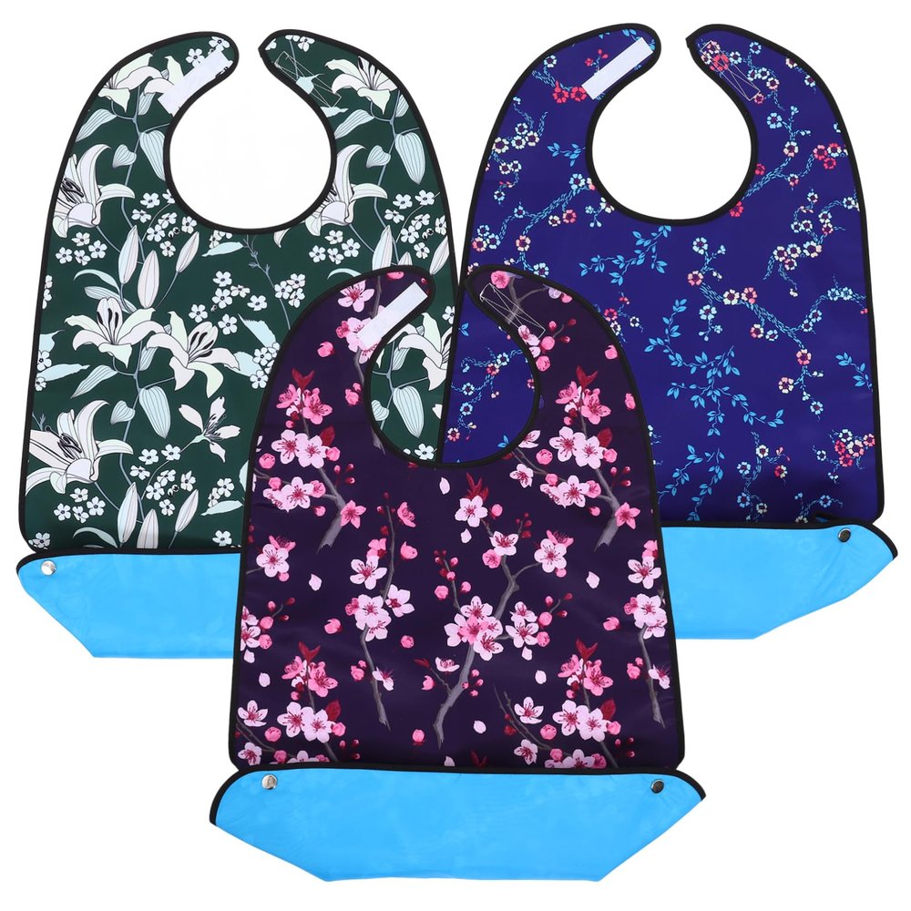 BESTYASH 3pcs Adult Bibs for Eating Waterproof Polyester Mealtime Bibs with Adjustable Neck and Easy to Clean Design for Elderly and Adults, Beautiful Printed Clothing Protectors