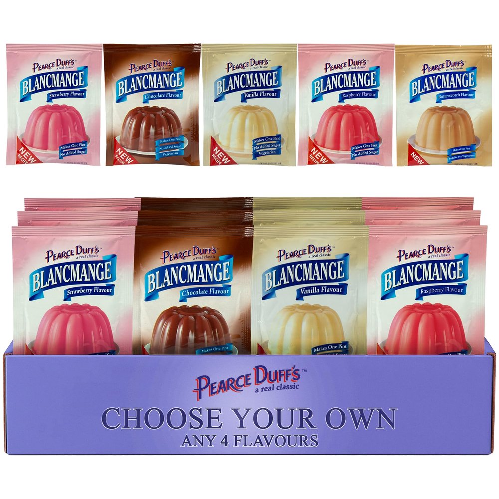Pearce Duffs Blancmange Choose Your Own Flavours Custom 12 Pack, Pick Any 4 Flavours and Receive 3 of Each, Classic British Dessert Mix