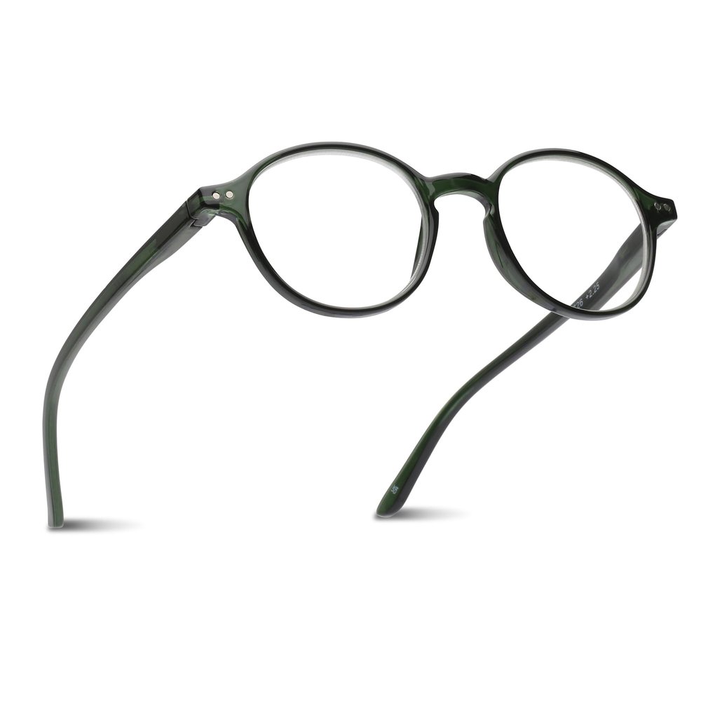 2SeeLife Small Round Reading Glasses for Men & Women Narrow-Medium Fit, Sturdy Frame, Spring Hinges, Premium Retro Readers, Green, +2.00