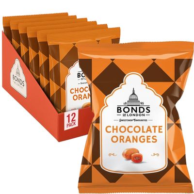Bonds of London Chocolate Oranges Bags, Retro Hard Boiled Sweets With Chocolate Centre, Vegetarian Friendly, 110 g (Pack of 12)