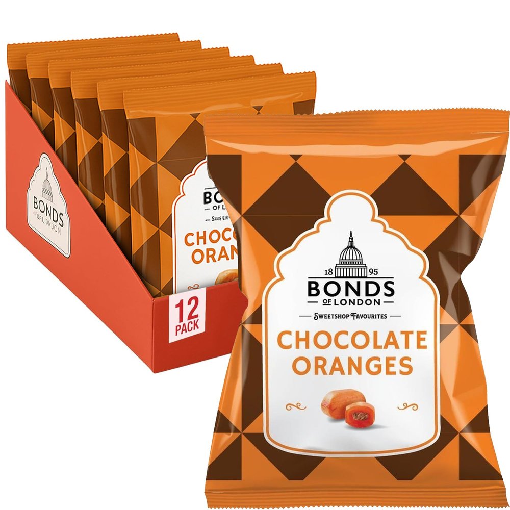 Bonds of London Chocolate Oranges Bags, Retro Hard Boiled Sweets With Chocolate Centre, Vegetarian Friendly, 110 g (Pack of 12)