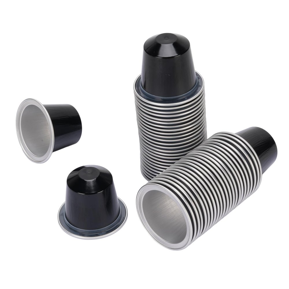 Aluminum Foil Coffee Capsules Seal Lids Freshness Assurance for Coffee Lovers with 50 Pods, Spoon and Brush (Black)