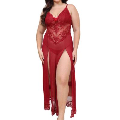Sheer Lace Backless Long Dress Set Sexy Wear for Women Elegant Evening Lingerie Comfortable Nightwear Outfit (Red, XXXL)