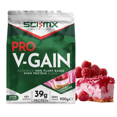 SCI-MX Pro-V Gain - 100% Vegan Protein Powder - Soy, Pea + Rice - Raspberry Cheesecake Flavour - B12 + Magnesium - Muscle Growth - Zero Sugar - Non-GMO - 900g (20 Servings) 39g of Protein per Serving