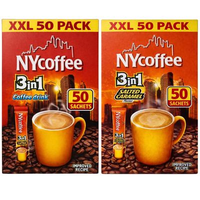100 x NY Coffee Sachets - 50 x Salted Caramel and 50 x 3 in 1 White Coffee - Individual Flavoured Sticks Ideal For Home, Work and Travel, Funtasy Gifts