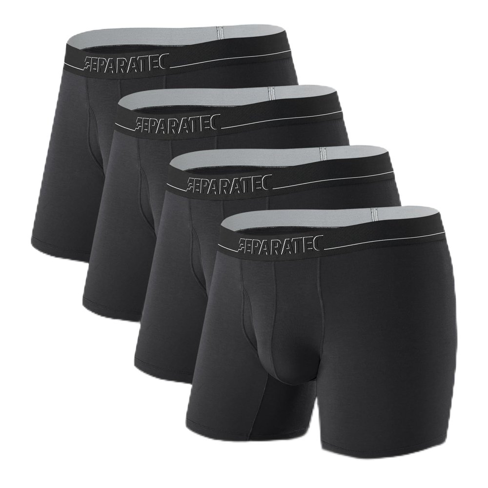 Separatec Separate Pouch Mens Underwear Breathable & Soft Moisture Wicking Micro Modal Support Boxer Briefs with Fly 4 Pack, Black*4, M