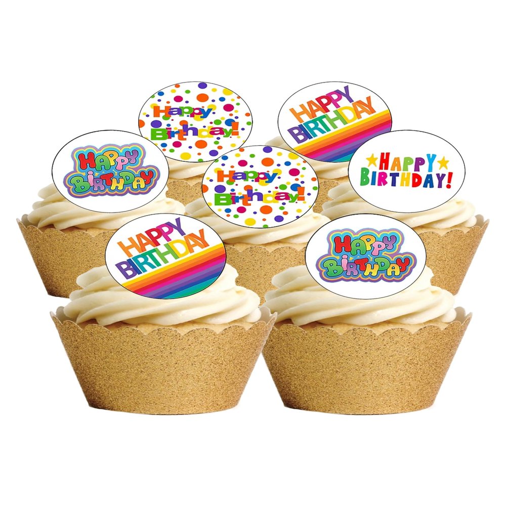 12 Pre-Cut Bright Colourful Birthday Themed Edible Wafer Paper Cake Toppers Decorations