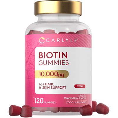 Biotin Hair Growth Gummies 10,000mcg | 120 Count | High Strength Supplement for Hair and Skin Support | Strawberry Flavour | Vegan | By Carlyle