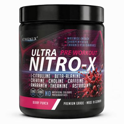 ATHENIX Ultra Nitro-X Pre-Workout | Berry Punch | 5000 mg L-Citrulline + 2500 mg Beta-Alanine + Creatine, Caffeine, AstraGin | Explosive Energy, Focus & Pumps | 28 Servings | Made in Germany