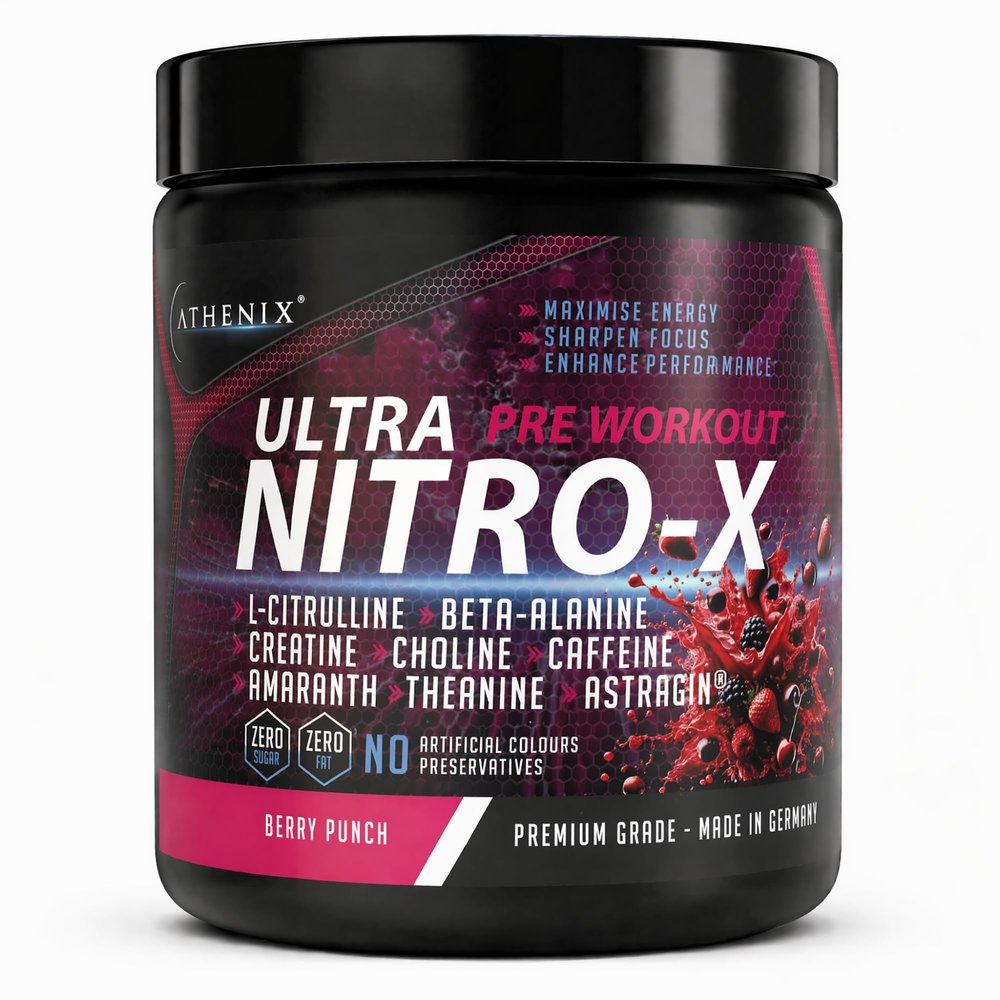 ATHENIX Ultra Nitro-X Pre-Workout | Berry Punch | 5000 mg L-Citrulline + 2500 mg Beta-Alanine + Creatine, Caffeine, AstraGin | Explosive Energy, Focus & Pumps | 28 Servings | Made in Germany
