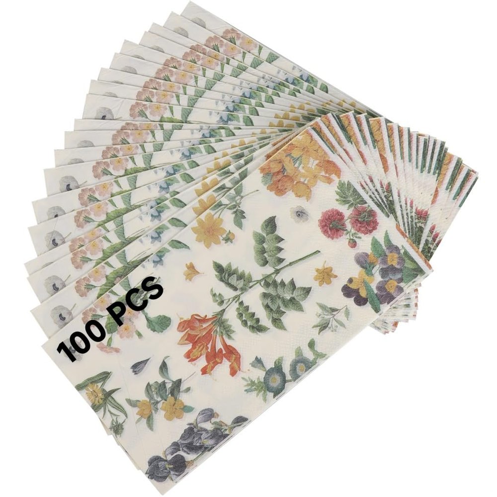 100 Disposable Floral Paper Napkins, 3-Ply Hand Towels For Parties, 12.9 X 15.7 Inches, Elegant Flower Design For Weddings, Holidays, And Birthdays