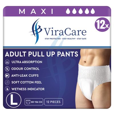 12 x Maxi Incontinence Pants Women & Men | Adults Diapers | Ultra Absorption and Soft-Stretch Waistband | Adults Pull Up Pants | Waist Size Large 80-156 cm | (1 Pack of 12, Large)