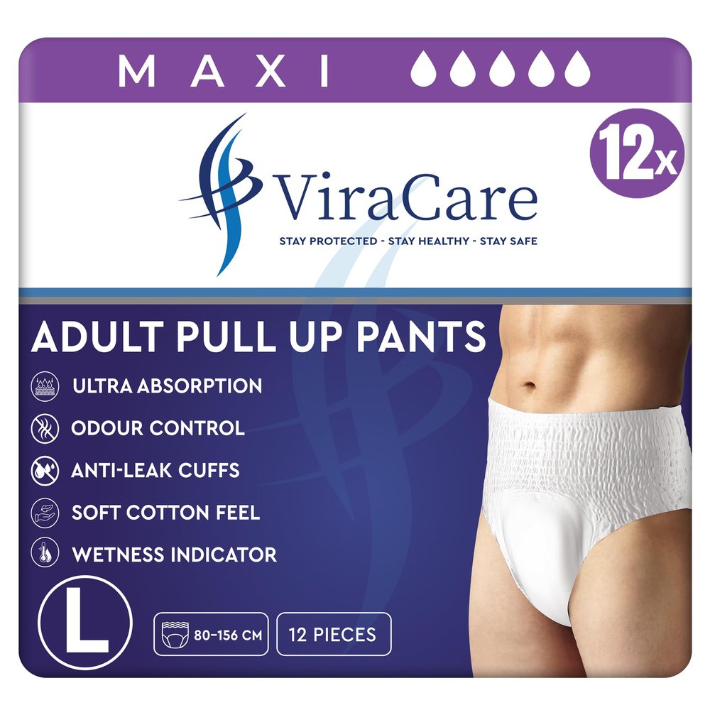 12 x Maxi Incontinence Pants Women & Men | Adults Diapers | Ultra Absorption and Soft-Stretch Waistband | Adults Pull Up Pants | Waist Size Large 80-156 cm | (1 Pack of 12, Large)