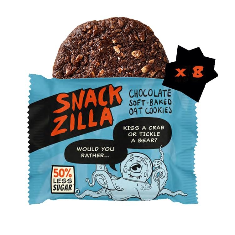 Snackzilla Chocolate Cookies (Pack of 8 x 30g) - 50% Less Sugar Cookies Oat Biscuits Multipack Soft Baked Lunch Box Snacks Healthy Snacks for Kids Vegan Biscuits Individually Wrapped
