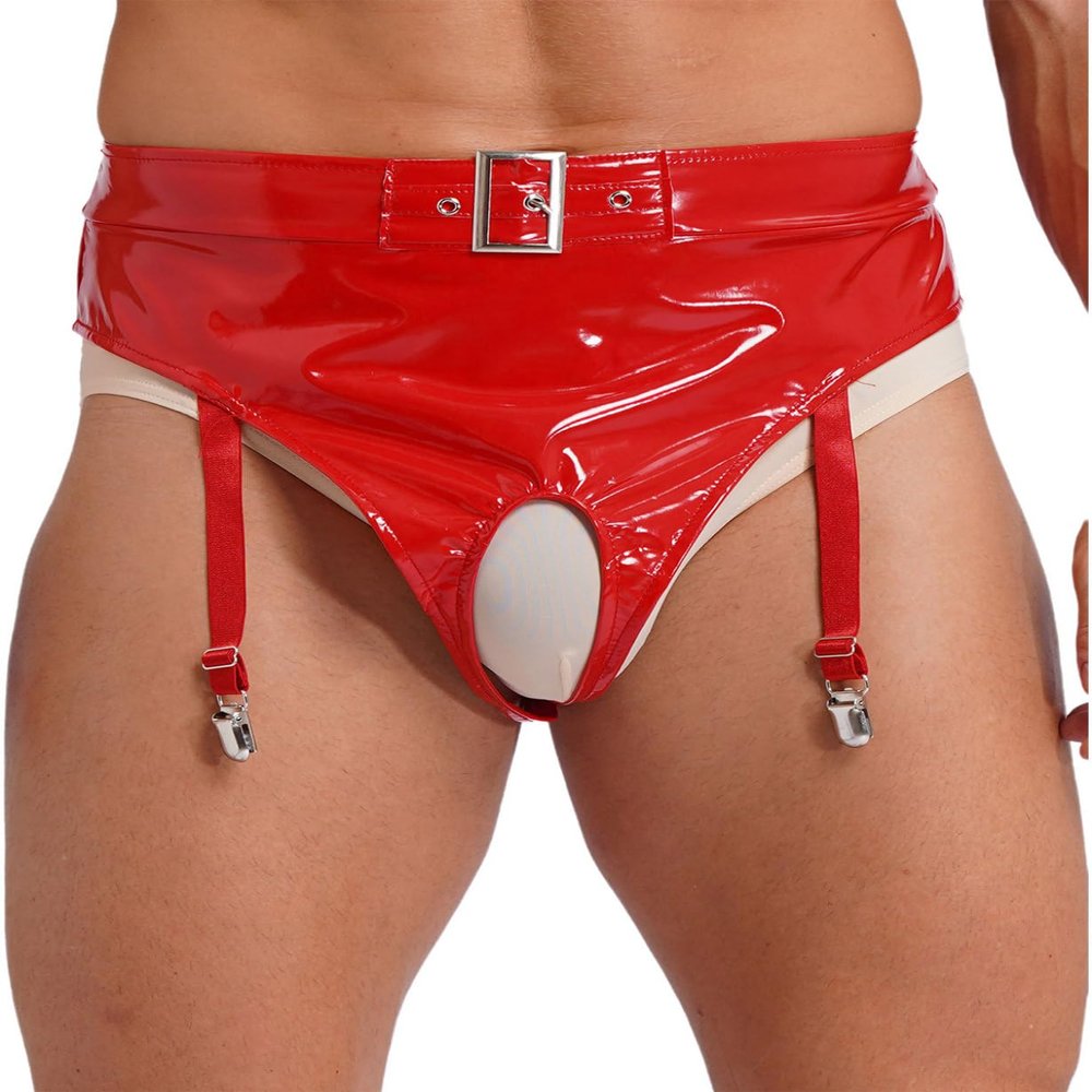 Nyeemya Men's Patent Leather Open Crotch Underwear High Waist Hollow Out Briefs with Garter Clips Red XXL