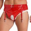 Nyeemya Men's Patent Leather Open Crotch Underwear High Waist Hollow Out Briefs with Garter Clips Red XXL view 2