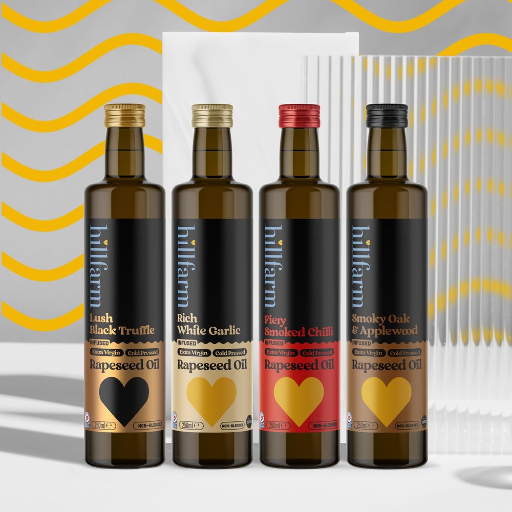 Hillfarm Infused Oil Collection - 4 x 250ml | Flavoured Oils for Cooking Gift Set, for Dressing & Dipping | Low in Saturated Fat | High in Omega 3 | Chilli, Garlic, Truffle & Smoked Rapeseed Oil