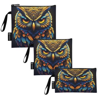 RPLIFE Boho Owl Reusable Sandwich and Snack Bags Washable Fabric Food Storage Bags with Zipper for School Picnic Work Travel (3 Pack: S/M/L)