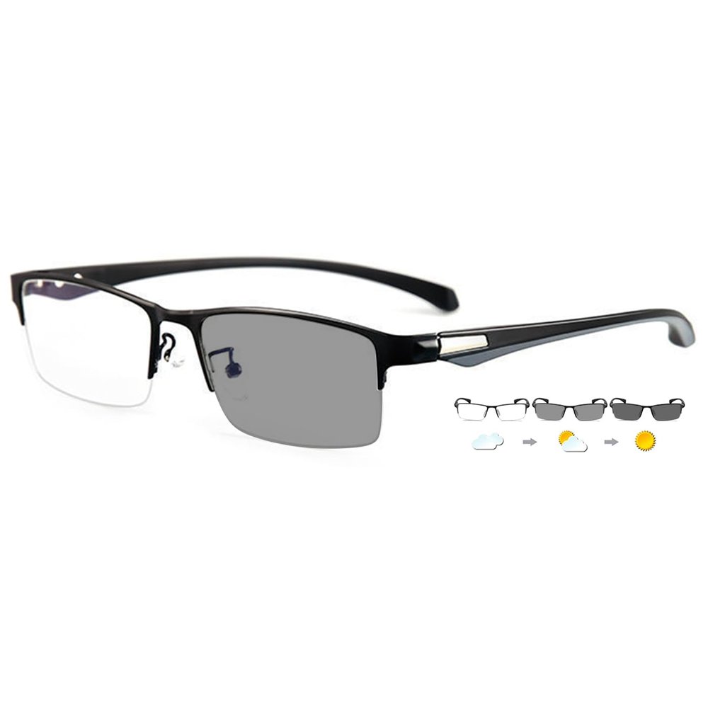 ABETOS Half Metal Frame Photochromic Reading Glasses Colour Change Transition UV400 Protection Blue Light Blocking Outdoor Sun Readers Eyeglasses for Men, Black+3.0