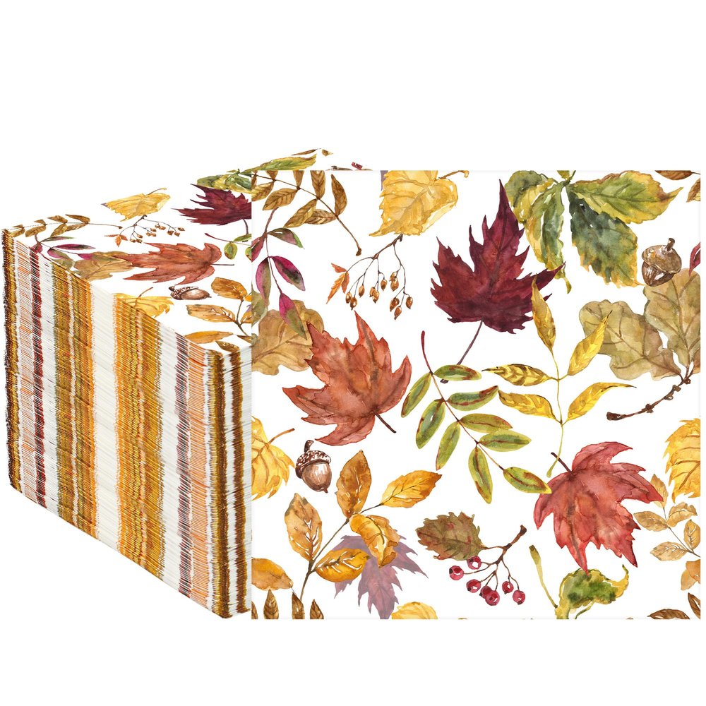 100 Pcs Fall Leaves Party Napkins Maple Leaf Paper Napkin 3 Ply Autumn Disposable Napkins Fall Leaf Luncheon Dinner Napkin for Thanksgiving Autumn Harvest Home Kitchen Party Supplies, 6.5 x 6.5 Inch