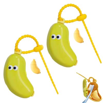 2pcs Banana Toothbrush Cover, Portable Banana Toothbrush Case with Toothpaste Dispenser,Travel Banana Toothbrush Holder, Clip-On Toothbrush Protector, Tooth Brush Travel Case Protector (Green)