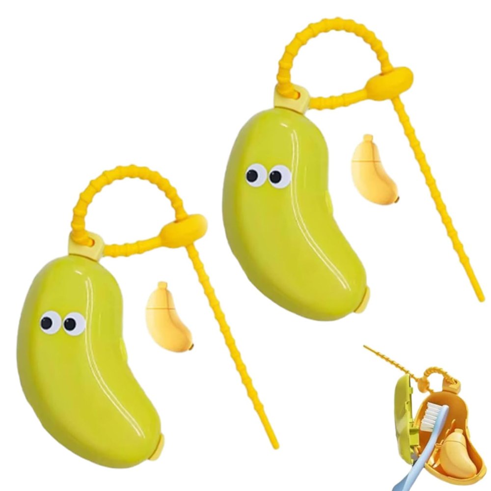 2pcs Banana Toothbrush Cover, Portable Banana Toothbrush Case with Toothpaste Dispenser,Travel Banana Toothbrush Holder, Clip-On Toothbrush Protector, Tooth Brush Travel Case Protector (Green)