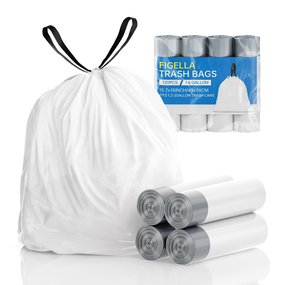 1.6 Gallon Drawstring Small Trash Bags 120Pcs Mini White Garbage Bags, Plastic Trash Can Bin Liners Unscented for Home Bathroom Kitchen Bedroom Office