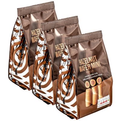 3 x 125g Italian Mini Hazelnut Wafer Rolls, With a Hazelnut Flavoured Creme Filling, Perfect for Ice Cream or Gelato, 375g