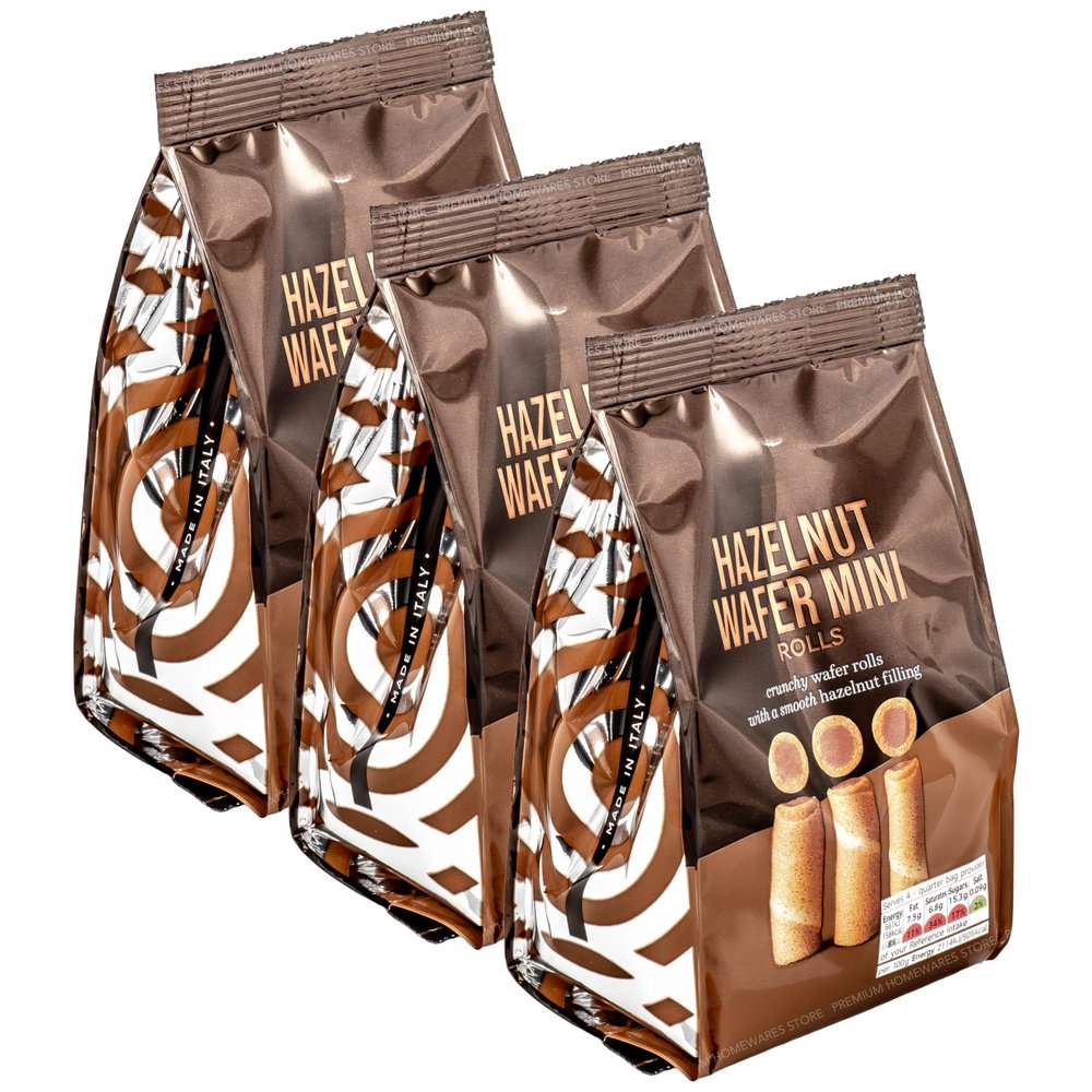 3 x 125g Italian Mini Hazelnut Wafer Rolls, With a Hazelnut Flavoured Creme Filling, Perfect for Ice Cream or Gelato, 375g