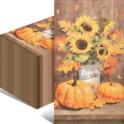 100 Pack Thanksgiving Pumpkin Paper Napkins 13 x 16 Inches Unfolded, Disposable Rustic Sunflower and Fall Leaf Napkins for Autumn Harvest Friendsgiving Thanksgiving Parties Table Decorations